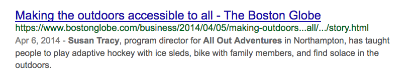 Boston Globe headline titled "Making the outdoors accessible to all"