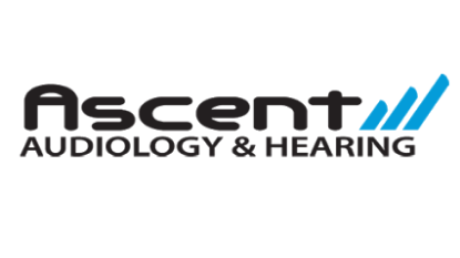 Ascent Audiology and Hearing Logo black letters with blue accents