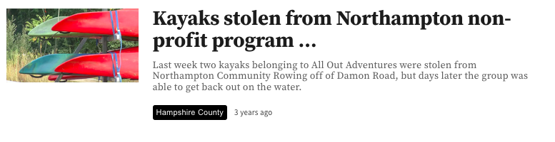 A photo of several kayaks on a storage rack; "Kayaks stolen from Northampton non-profit program returned"