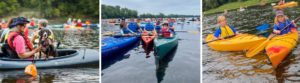 Image has 3 photos; one is a woman in a green kayak with a black dog; the middle photo is of a multigenerational family in kayaks with dozens of kayaks behind them; the 3rd is 2 young boys in orange kayaks