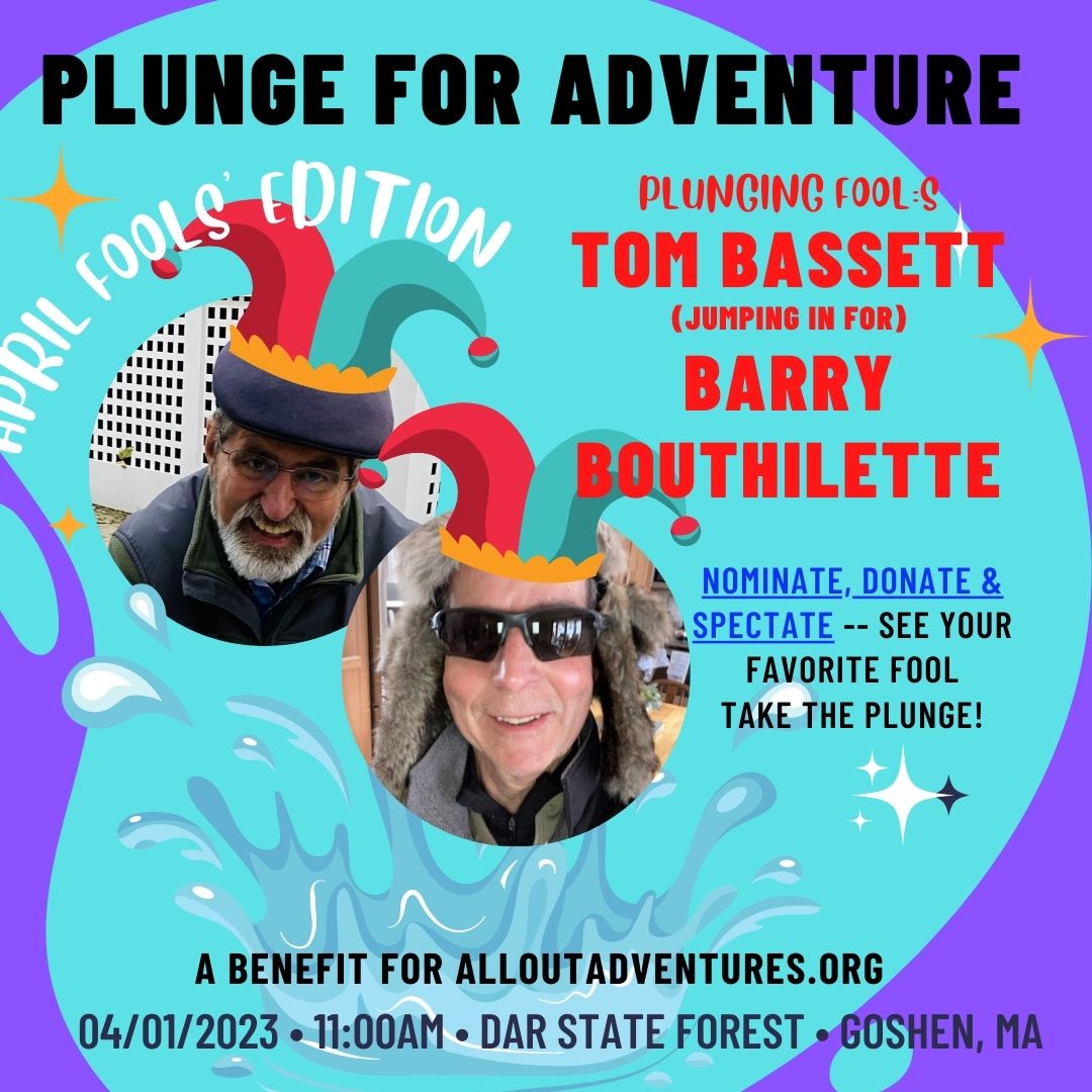 Photo is an image with 2 men in jester hats, text reads Tom Bassett jumping in for Barry Bouthelette
