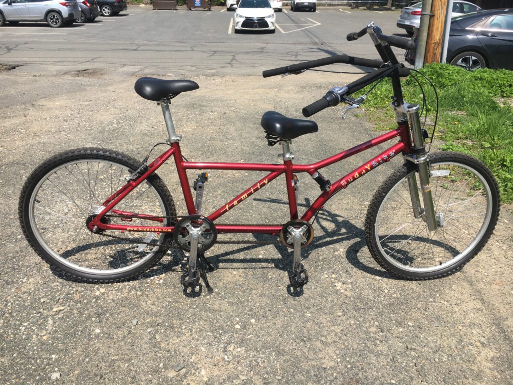 A red tandem bicycle with the words "family" and "buddy bike" on the frame. The seat in the front is shorter than the seat in the back and both riders can hold handlebars. 