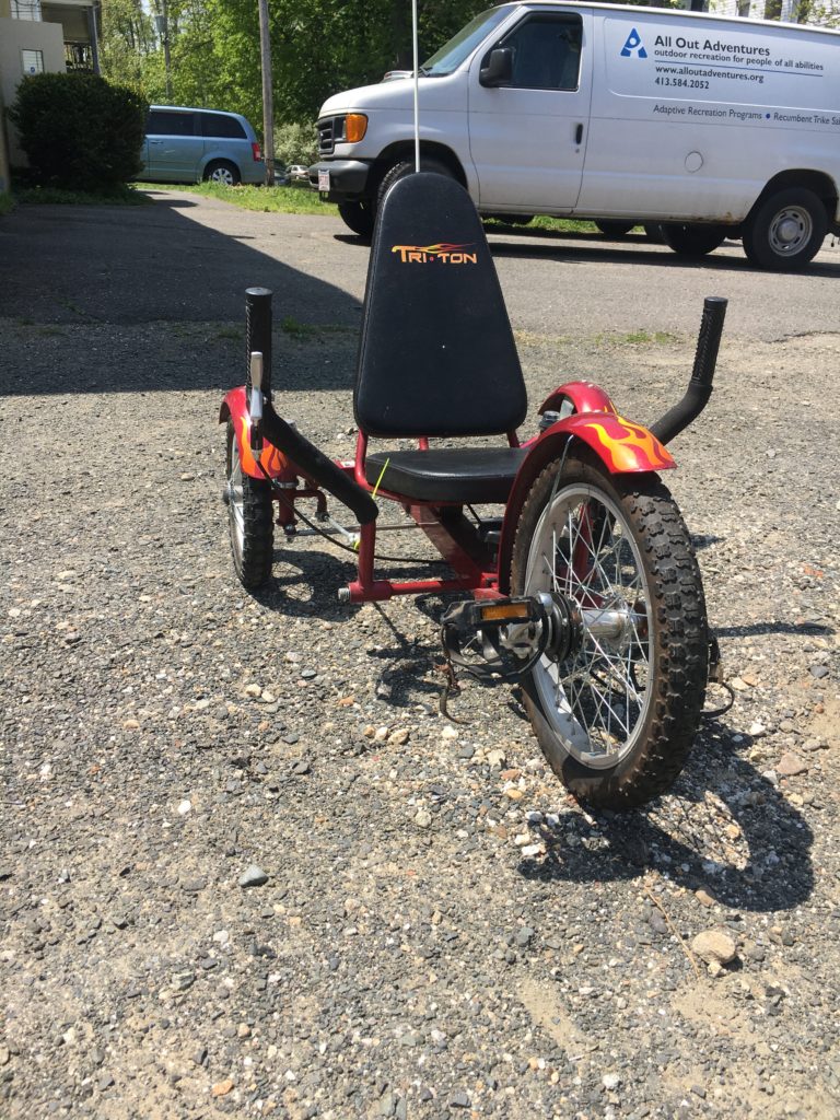 Front view of the trike, showing the pedals and handlebars