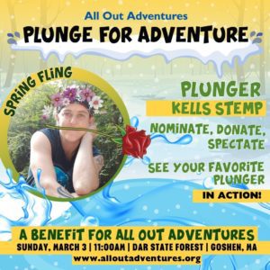 Image shows text that reads "Plunge for Adventure" and has a photo of plunger named above with a silly red rose in their mouth and a fake flower crown
