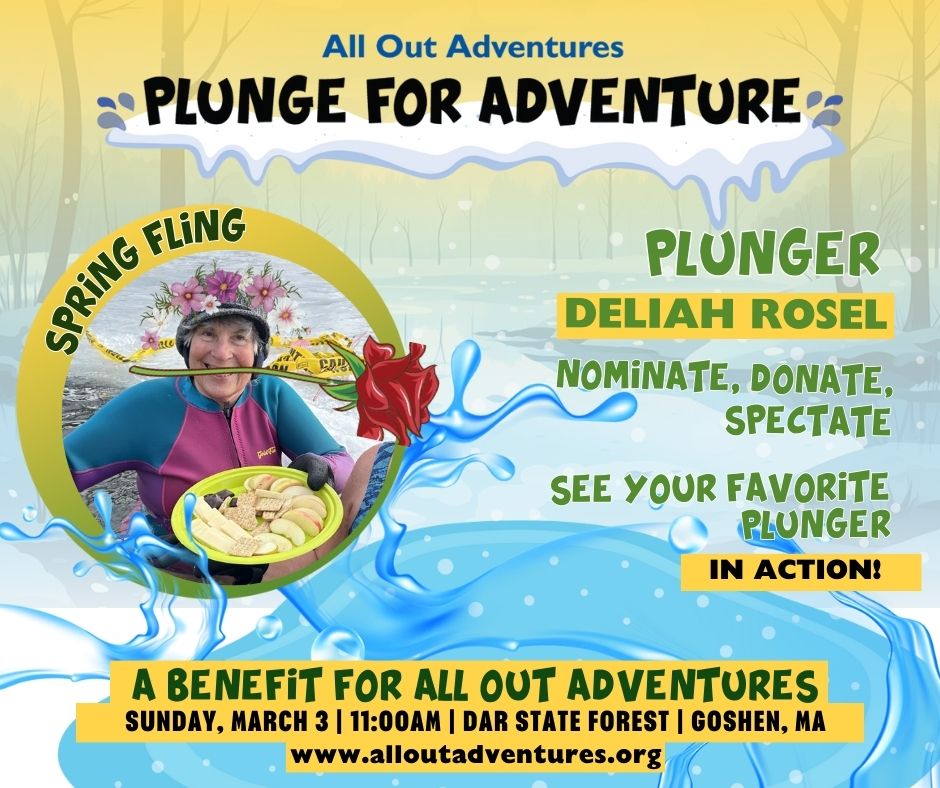 Image shows text that reads "Plunge for Adventure" and has a photo of plunger named above with a silly red rose in their mouth and a fake flower crown
