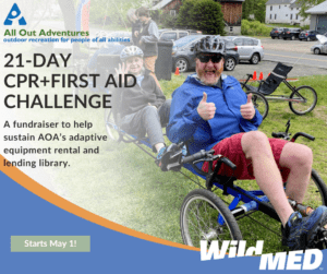Image shows 2 people on a tandem trike with text that reads "21-Day CPR+First Aid Challenge" starts May 1